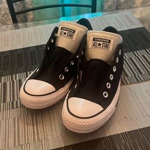 COPY - Never Worn Black low-top Converse.  Silver glitter tongue w/ elastic. si…